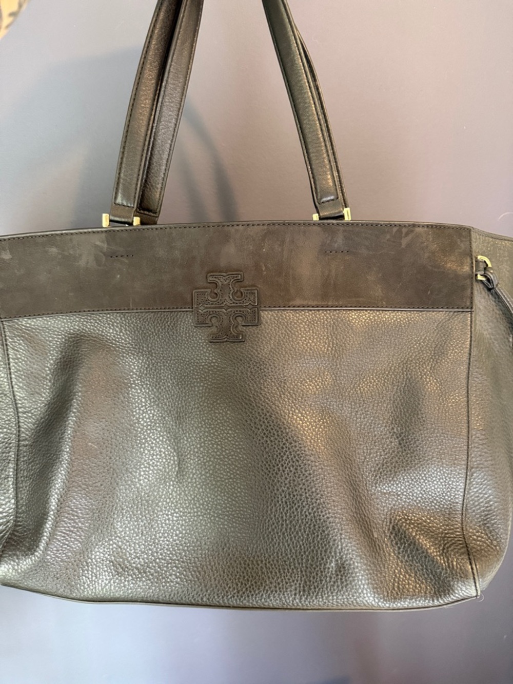 Tory Burch Black Pebbled Leather Tote with Logo